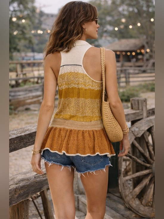 Free People Peplum Sweater Polo Small Boho Knit Ruffle Hem Top